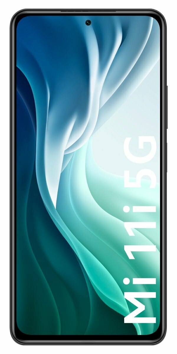 Czarny smartfon z gradientem niebiesko-białym. Na telefonie napis Mi 11 5G.