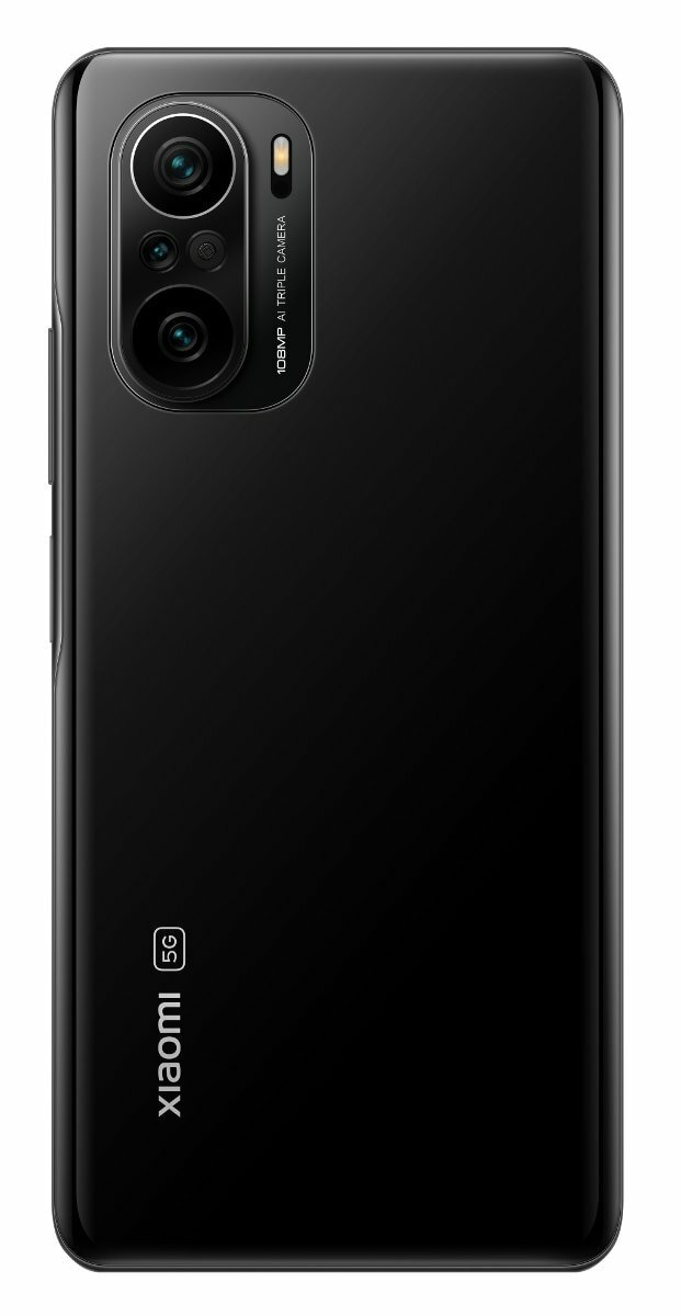 Czarny smartfon Xiaomi 5G, widok z tyłu, z potrójnym aparatem, na białym tle.