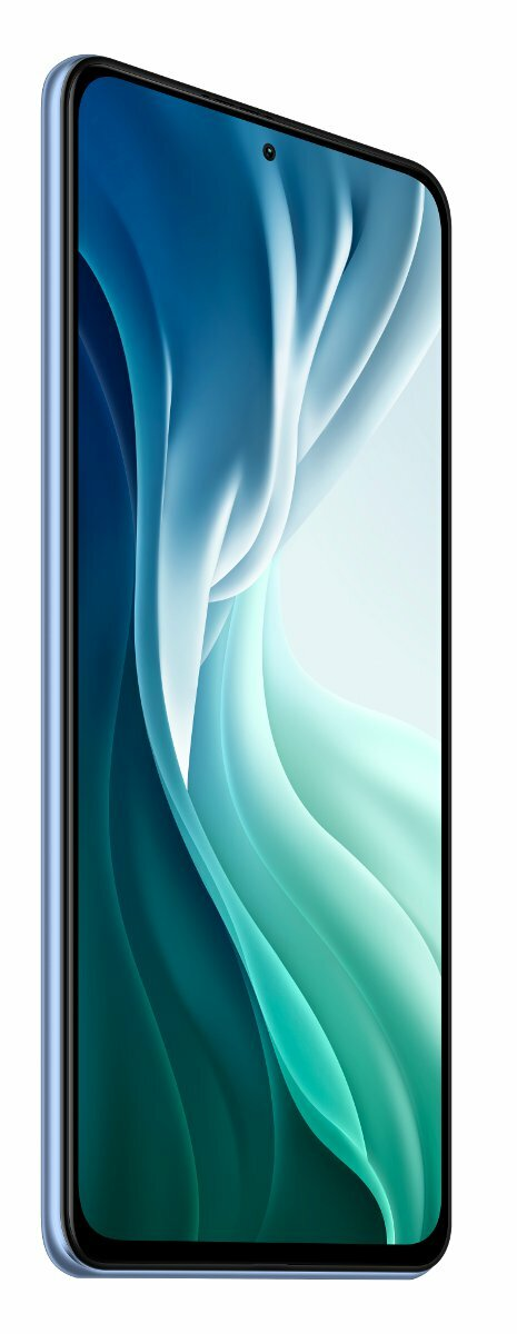 Niebieski smartfon w widoku pod kątem. Ekran wyświetla abstrakcyjny niebiesko-zielony wzór.