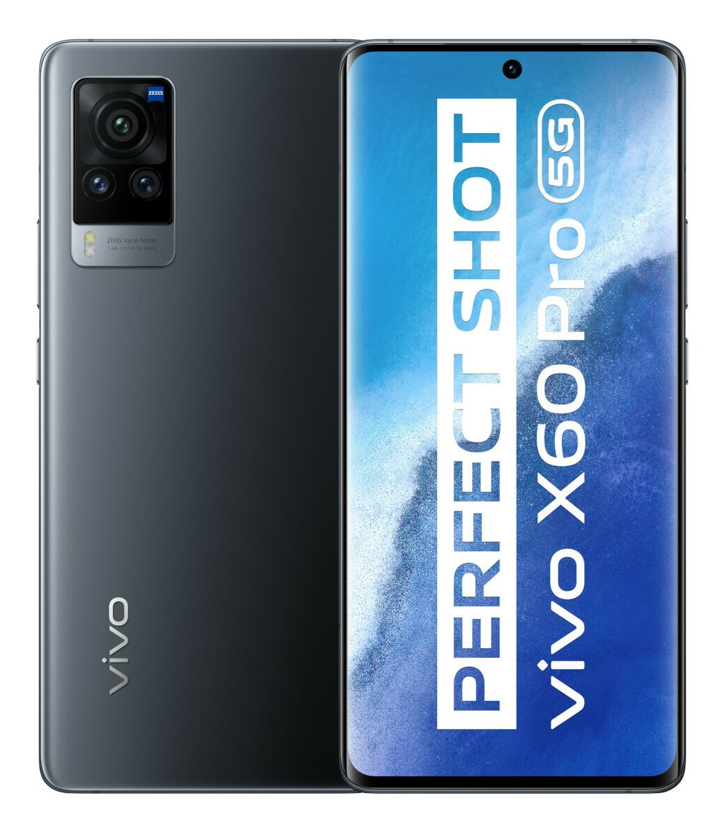 Ciemnoszary telefon z trzema aparatami. Ekran wyświetla Perfect Shot i Vivo X60 Pro.