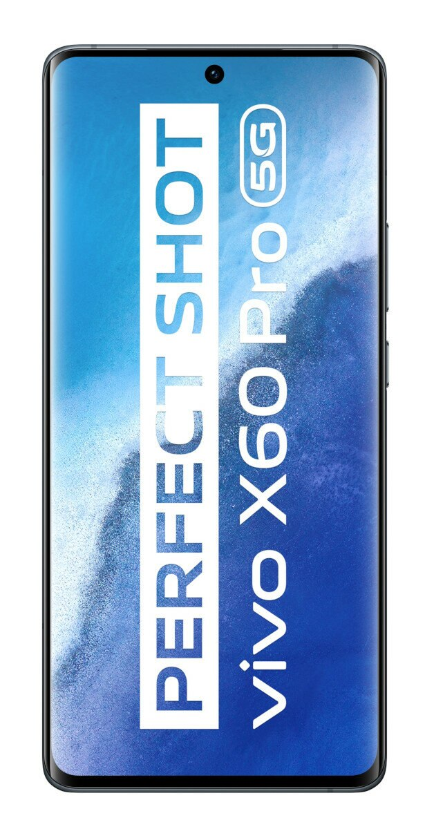 Czarny telefon z dużym ekranem. Biały tekst: Perfect Shot, vivo X60 Pro 5G. Białe tło.