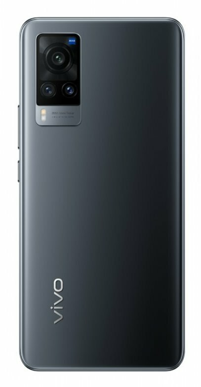 Czarny smartfon z trzema tylnymi aparatami. Telefon ma logo Vivo. Tło jest białe.