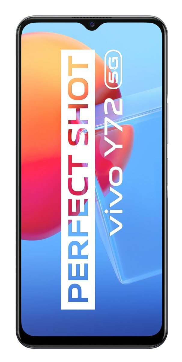 Ekran telefonu z logo Perfect Shot. Tło jest pomarańczowe i niebieskie.