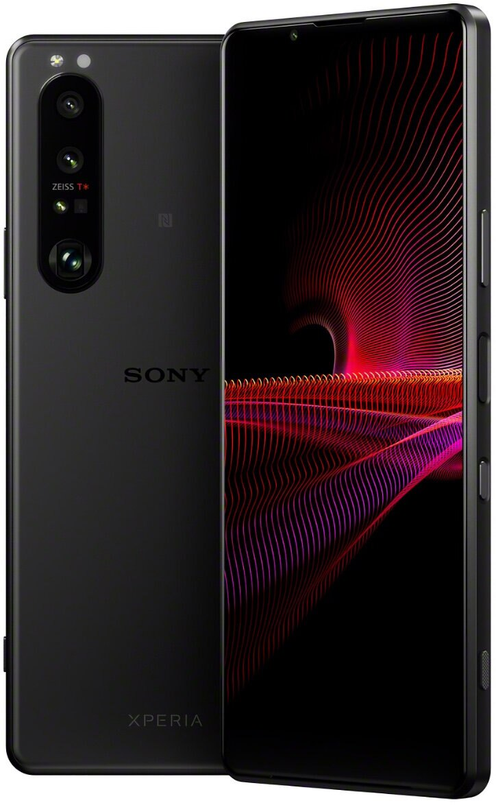 Czarny telefon Sony Xperia, wyświetlający czerwono-fioletowy wzór na ekranie, z dwoma aparatami z tyłu.