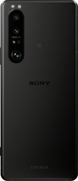 Tył czarnego telefonu. Posiada potrójny aparat z obiektywem Zeiss i logo Sony. Widoczny tekst Xperia.