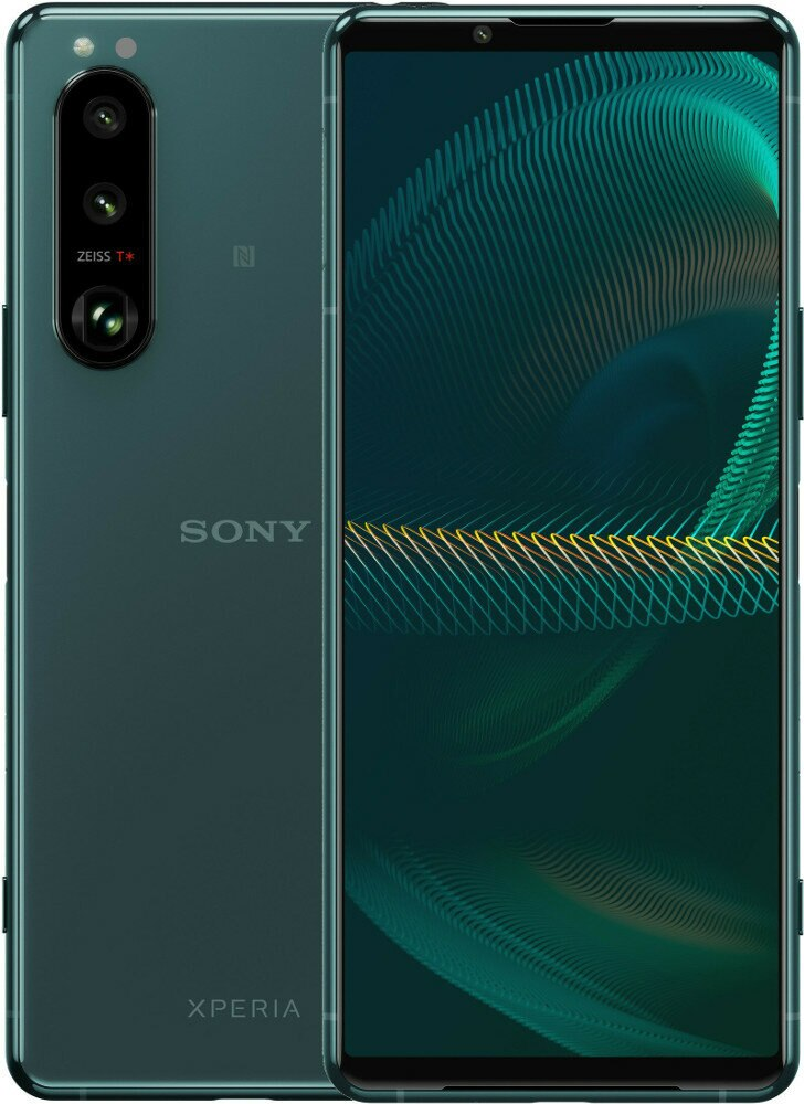 Zielony telefon Sony Xperia, trzy tylne kamery i ekran z zielonym i żółtym abstrakcyjnym wzorem.