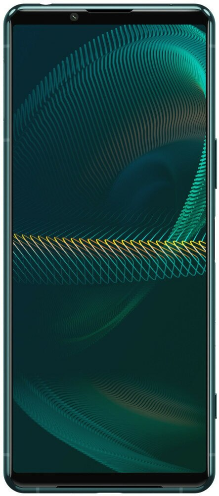 Turkusowy smartfon z wirującym, abstrakcyjnym tłem.