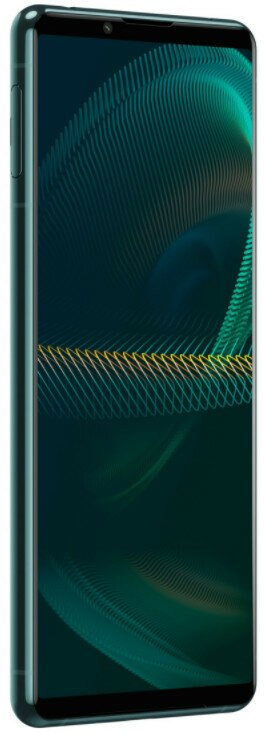 Zielony smartfon z ekranem wyświetlającym niebieskie i zielone wzory.