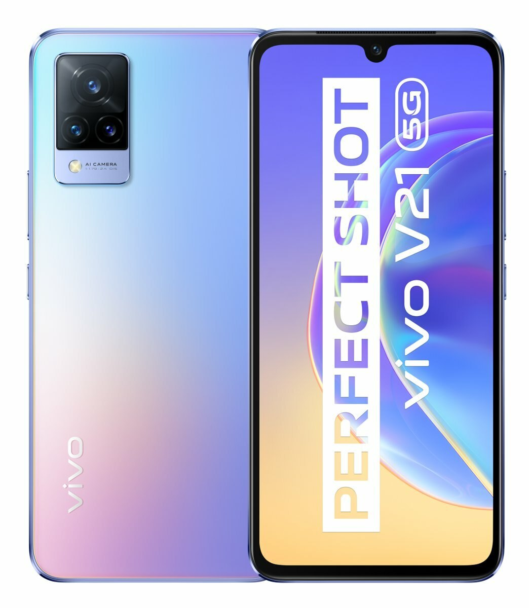 Telefon Vivo V21 5G. Posiada konfigurację wielu kamer i ekran z napisem 'PERFECT SHOT'.