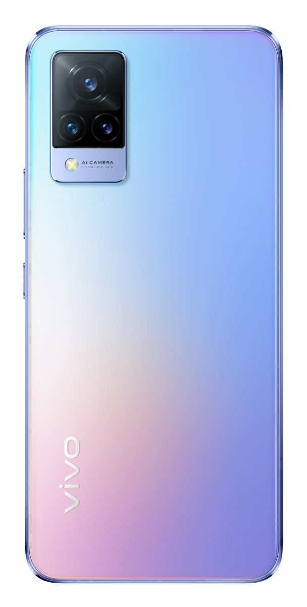 Fioletowo-niebieski gradientowy telefon. Ma moduł aparatu i słowo vivo.