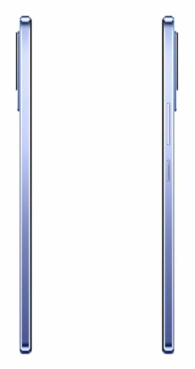 Wyświetlane są dwa boki jasnoniebieskiego telefonu. Lewa strona jest gładka, prawa pokazuje przyciski.