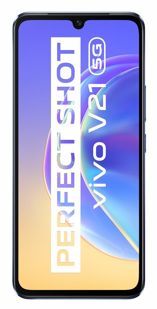 Telefon wyświetla tekst 'PERFECT SHOT' i 'Vivo V21 5G' na ekranie, niebieskie tło.