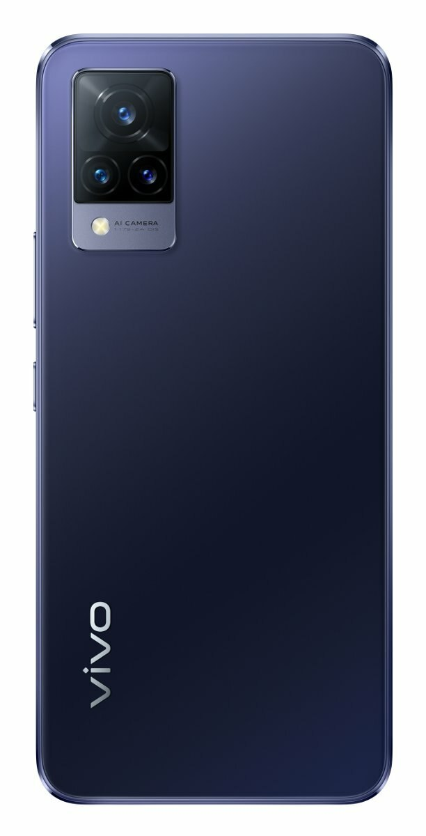 Widok z tyłu ciemnoniebieskiego smartfona Vivo z potrójnym aparatem i logo Vivo.