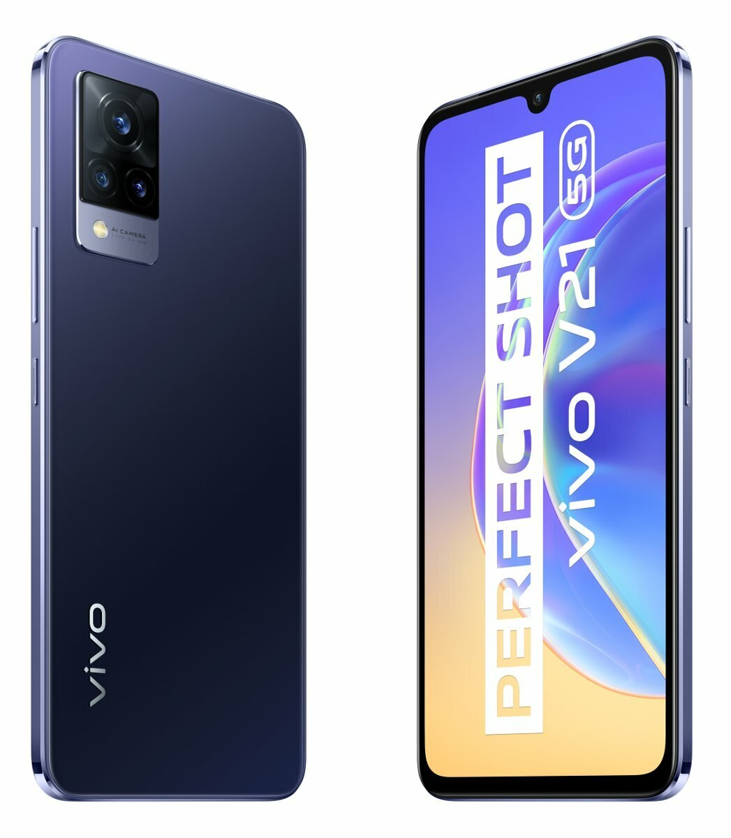 Dwa telefony: Vivo V21 5G w kolorze granatowym i ekran z napisem PERFECT SHOT Vivo V21 5G.
