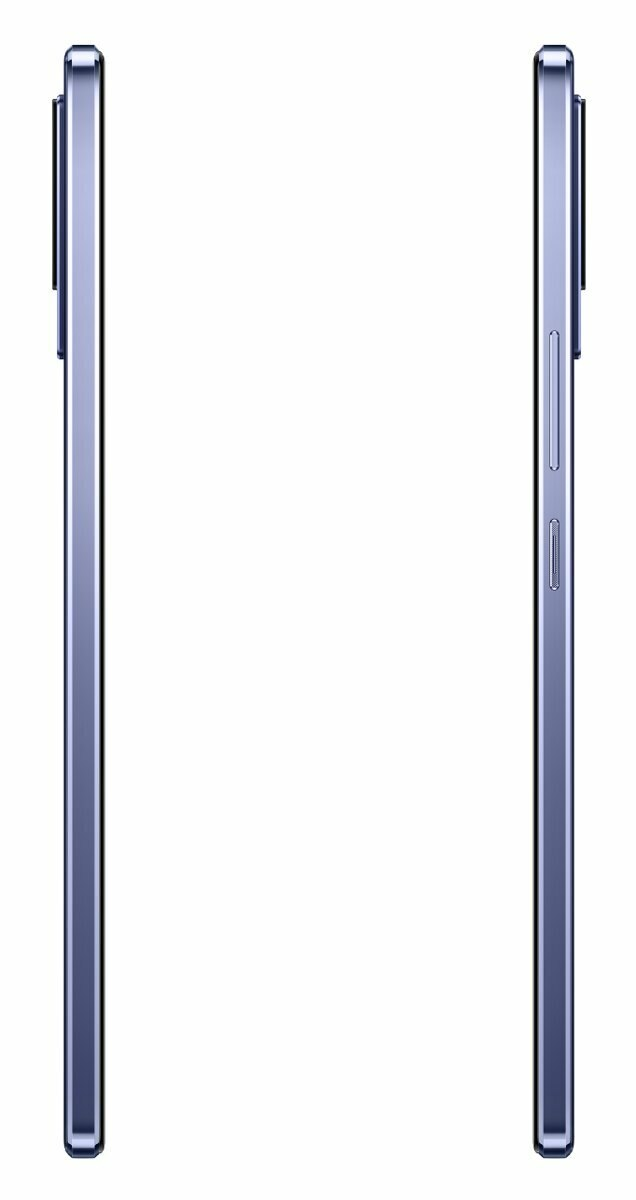 Dwa widoki z boku smartfona. Fioletowy telefon, pokazuje przyciski głośności i zasilania.