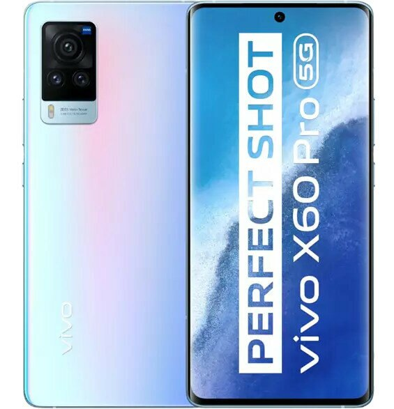 Biały telefon Vivo X60 Pro 5G pokazujący tył z aparatem i przedni ekran.