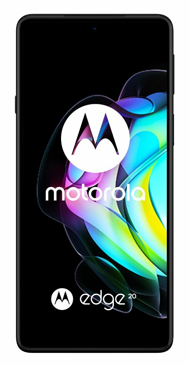 Smartfon Motorola Edge 20 z kolorowymi falami na ekranie.