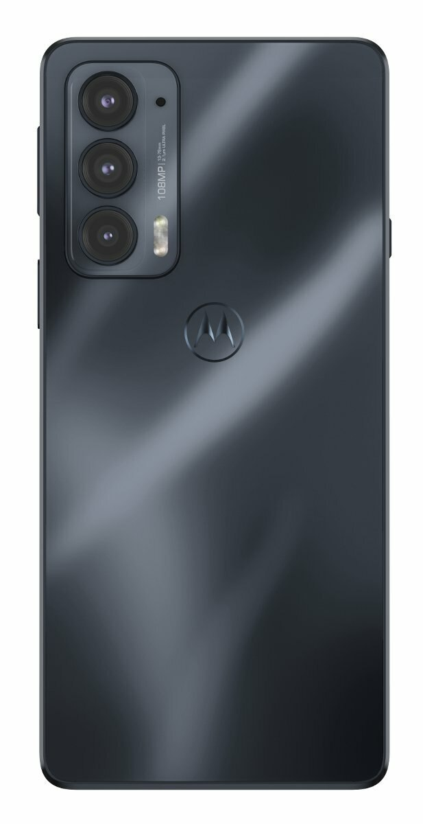 Ciemnoszary smartfon Motorola z trzema obiektywami i logo Motorola.