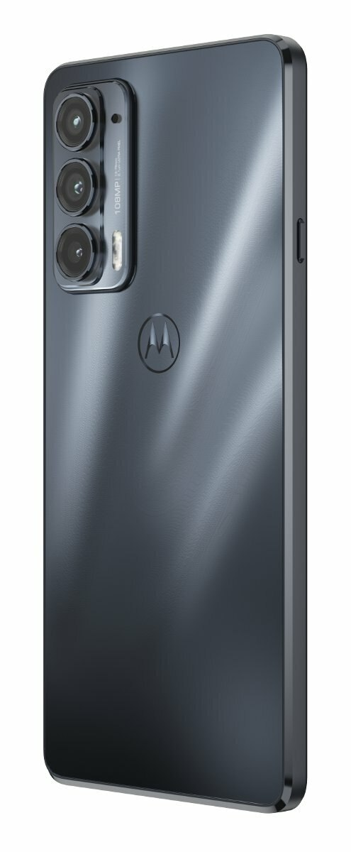 Ciemnoszary smartfon z potrójnym aparatem i logo Motoroli.