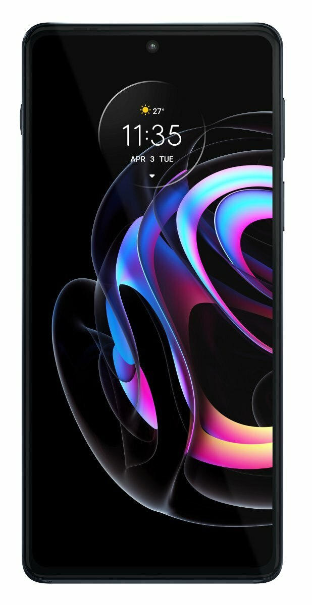 Czarny smartfon z kolorowym, abstrakcyjnym wzorem na wyświetlaczu i aparatem u góry.