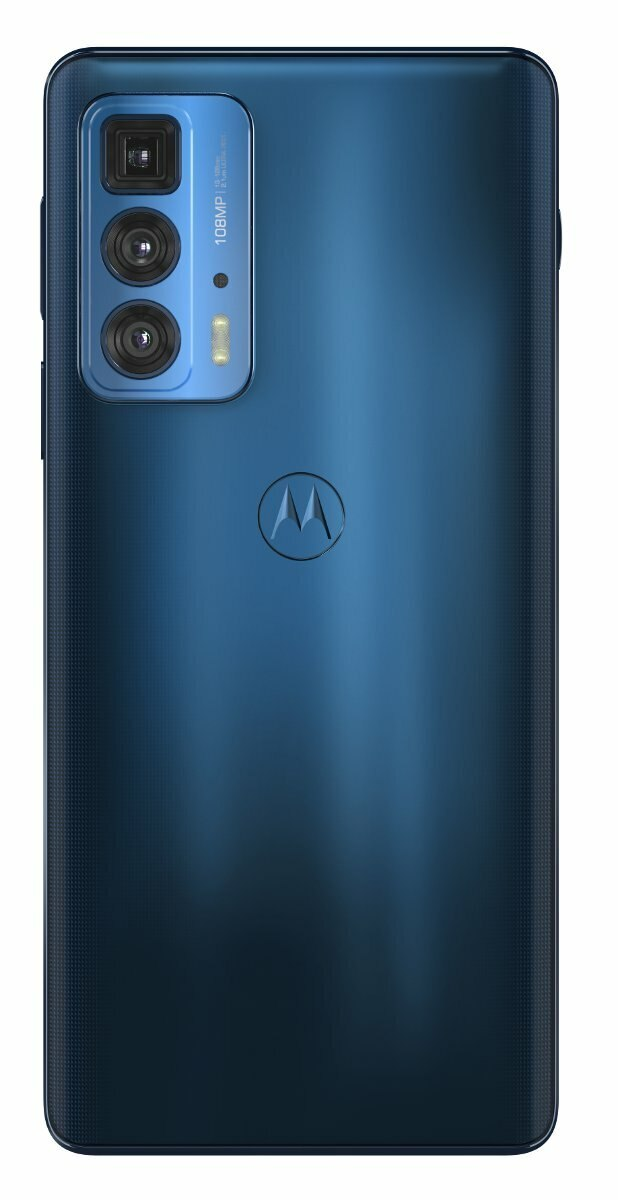 Widok z tyłu niebieskiego telefonu Motorola z aparatem, logo i teksturowanym tyłem.