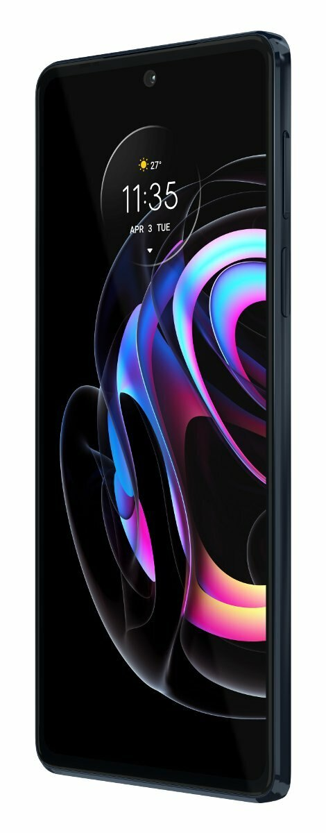 Niebieski telefon, czarny ekran z godziną i datą. Widok z boku telefonu.