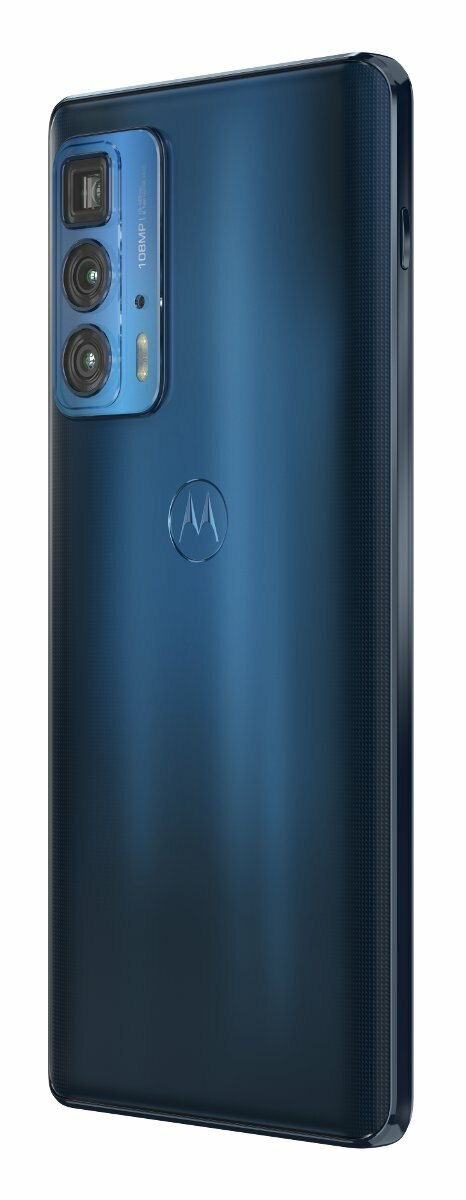 Ciemnoniebieski smartfon z obiektywami aparatu z tyłu i niebieskim logo pośrodku.
