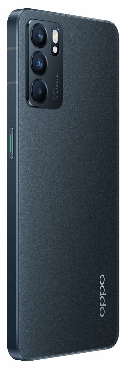 Czarny telefon Oppo z potrójnym aparatem i logo.