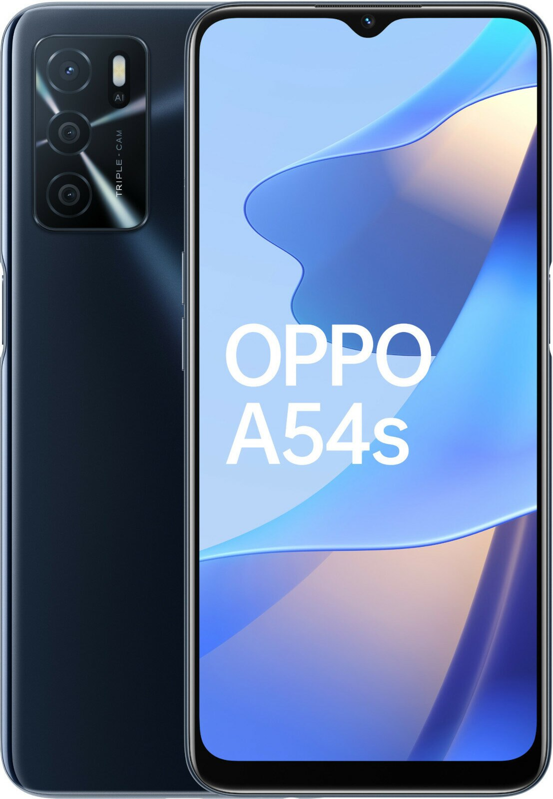 Smartfon OPPO A54s. Czarny telefon z trzema aparatami i niebiesko-białym wzorzystym ekranem.
