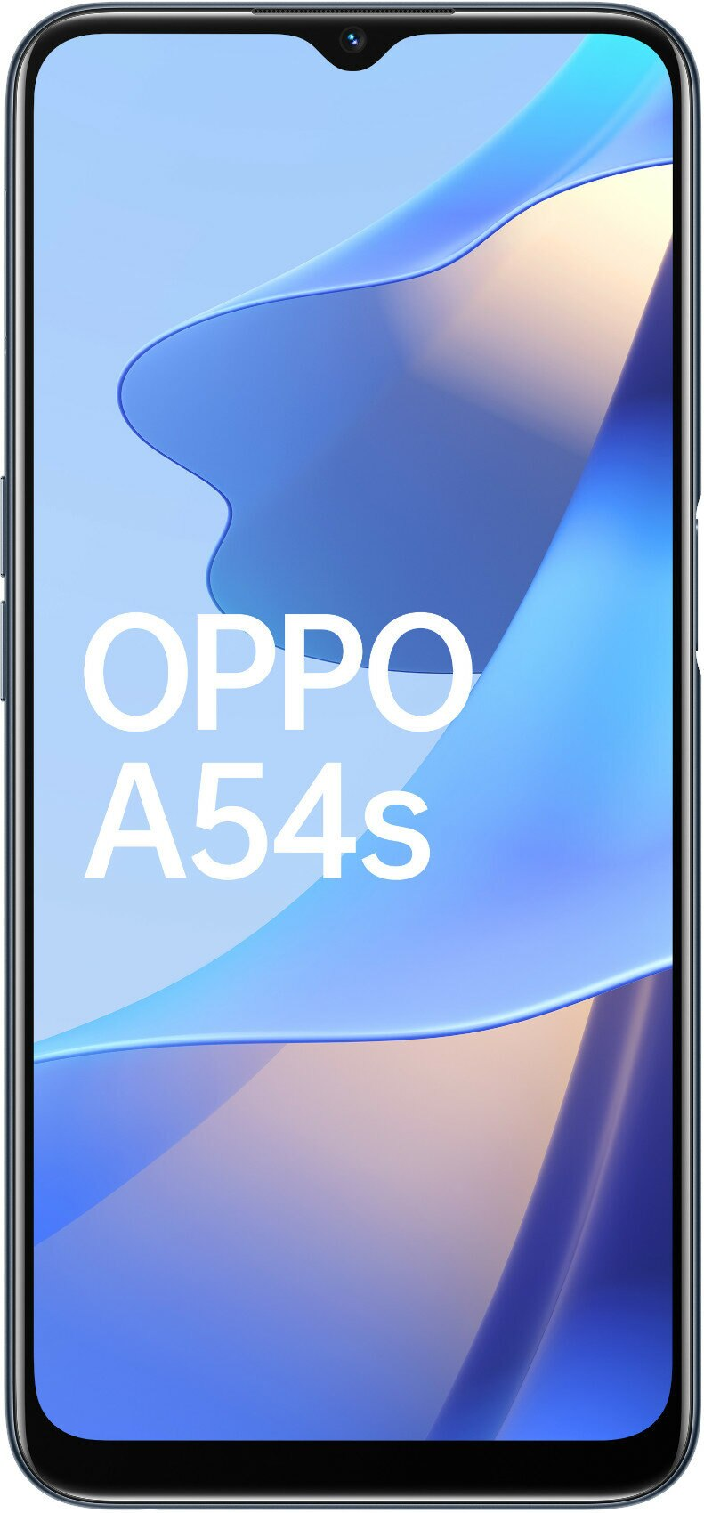 Smartfon z tekstem "OPPO A54s" na ekranie, niebieskie tło.