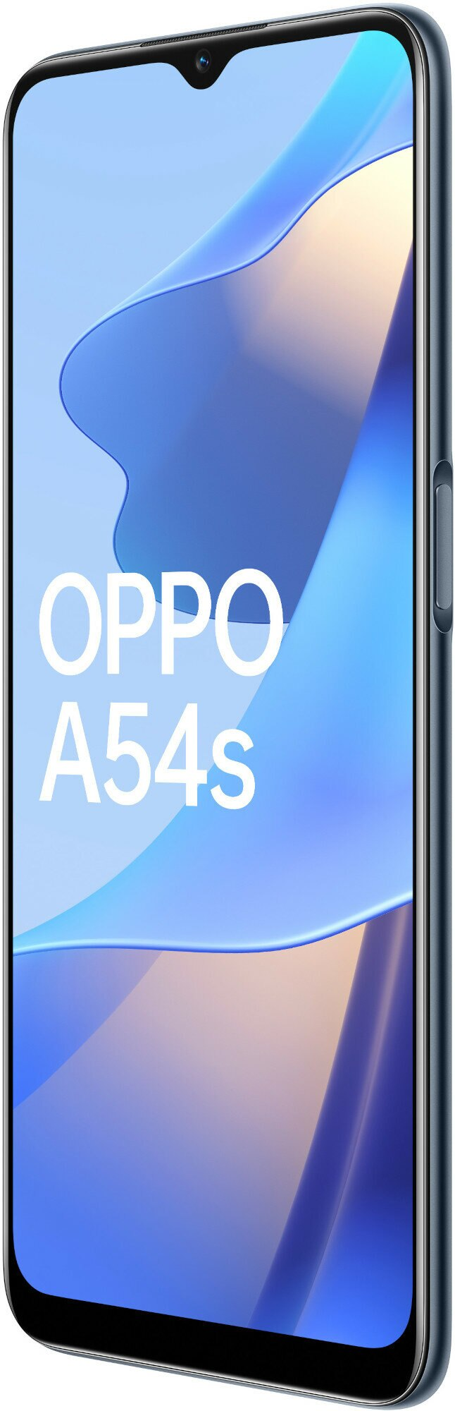 Smartfon OPPO A54s w kolorze niebieskim, widok z boku, z nazwą marki na ekranie.