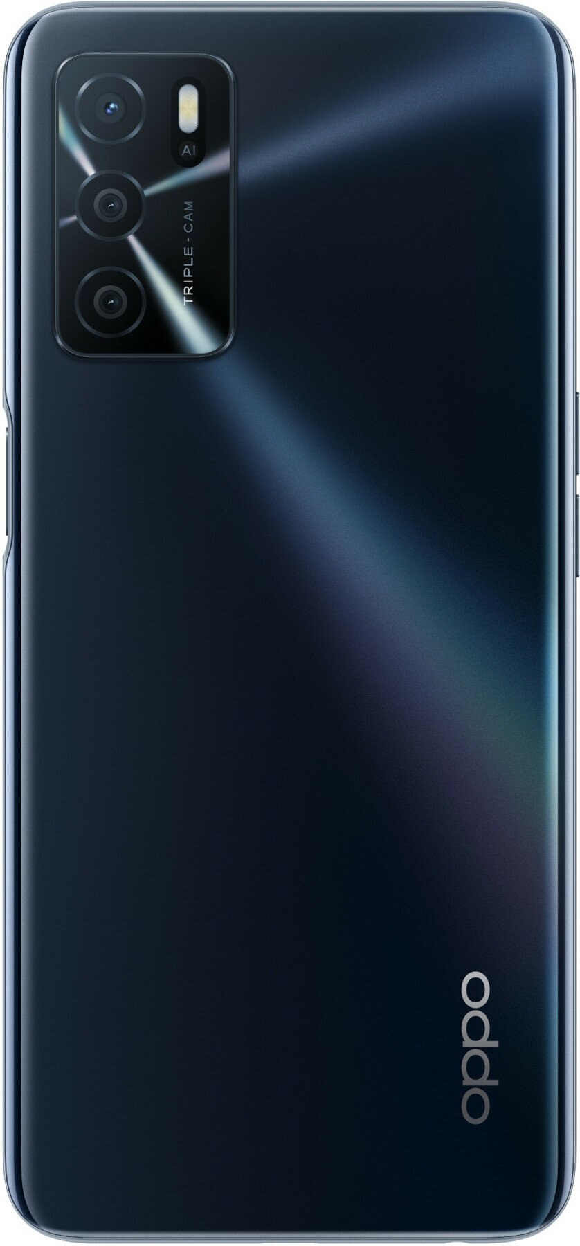 Ciemnoniebieski smartfon z potrójnym aparatem z tyłu, z logo Oppo.