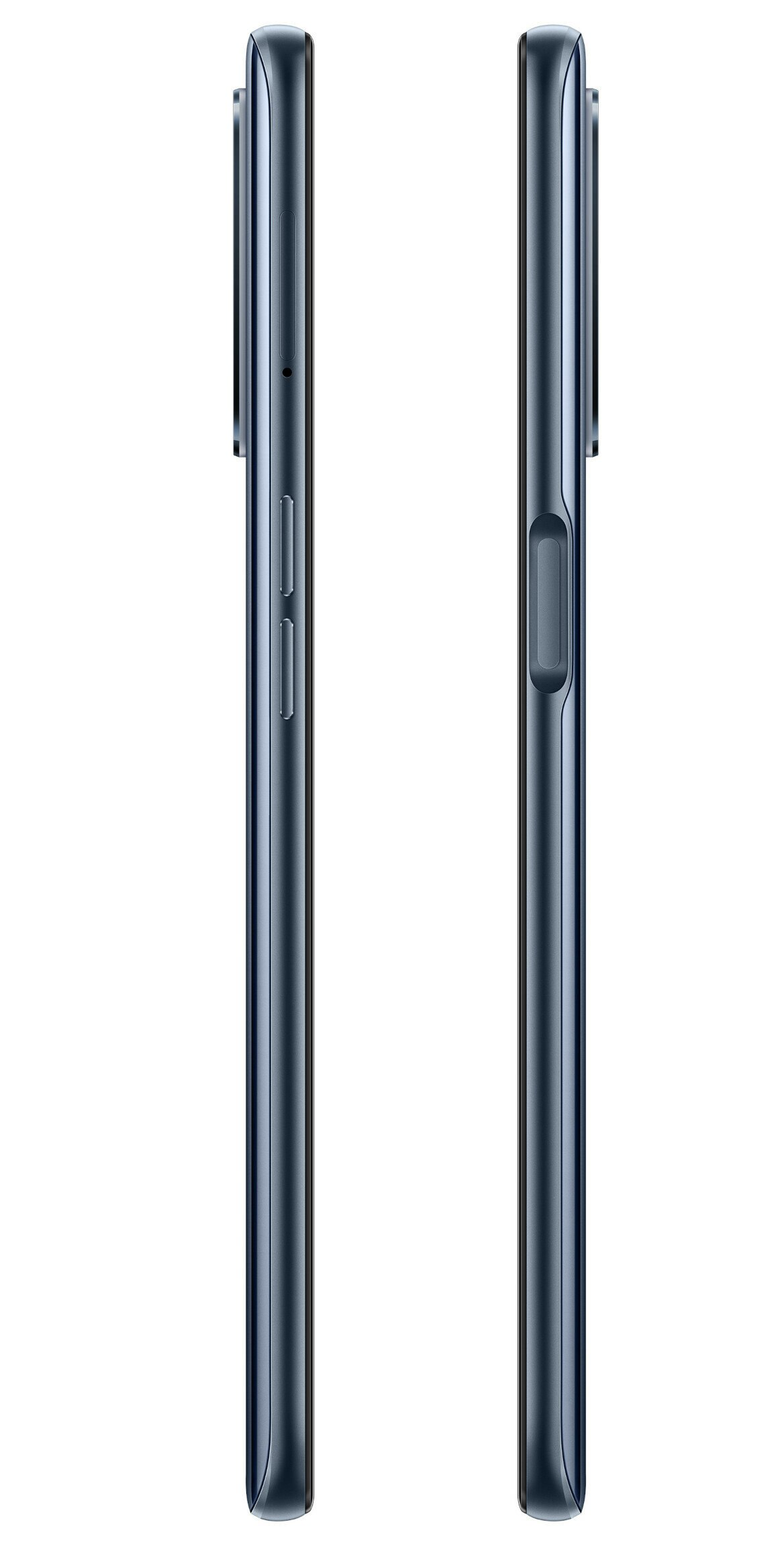 Dwa widoki boczne smukłego smartfona. Wyświetla stronę z przyciskami i przeciwległą, czystą stronę.