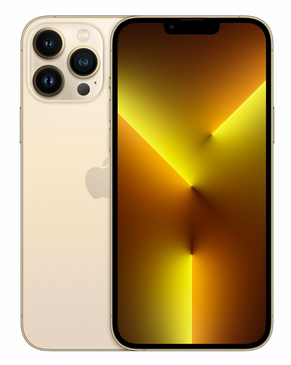 Złoty iPhone z trzema aparatami, widok z tyłu. Wyświetla logo Apple i szczegóły aparatu.