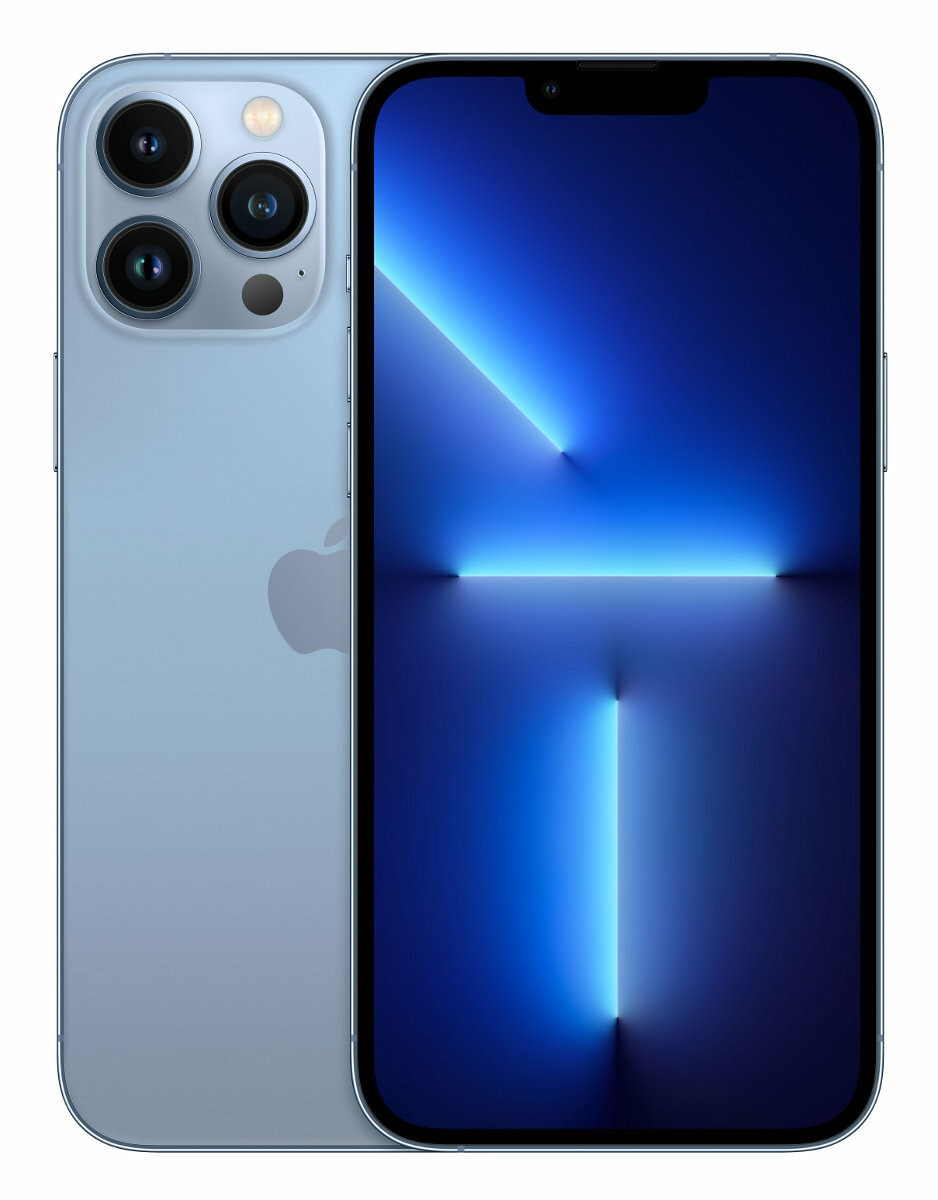 Jasnoniebieski iPhone pokazuje tył i ekran. Tył ma aparaty i logo Apple.