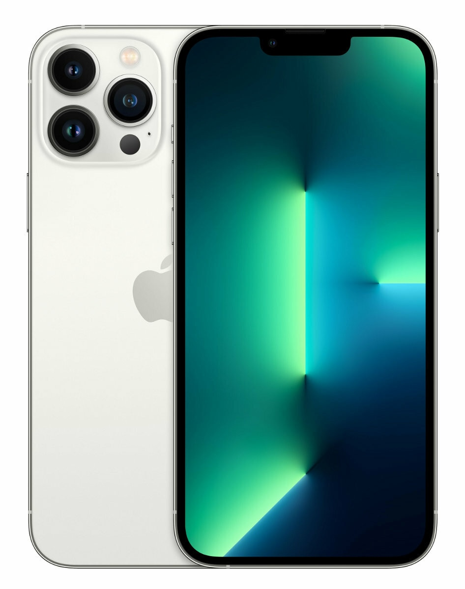 Biały iPhone z potrójnym aparatem i zieloną tapetą.