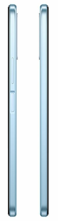 Dwa widoki boczne jasnoniebieskiego smartfona. Widoczne przyciski zasilania i głośności.