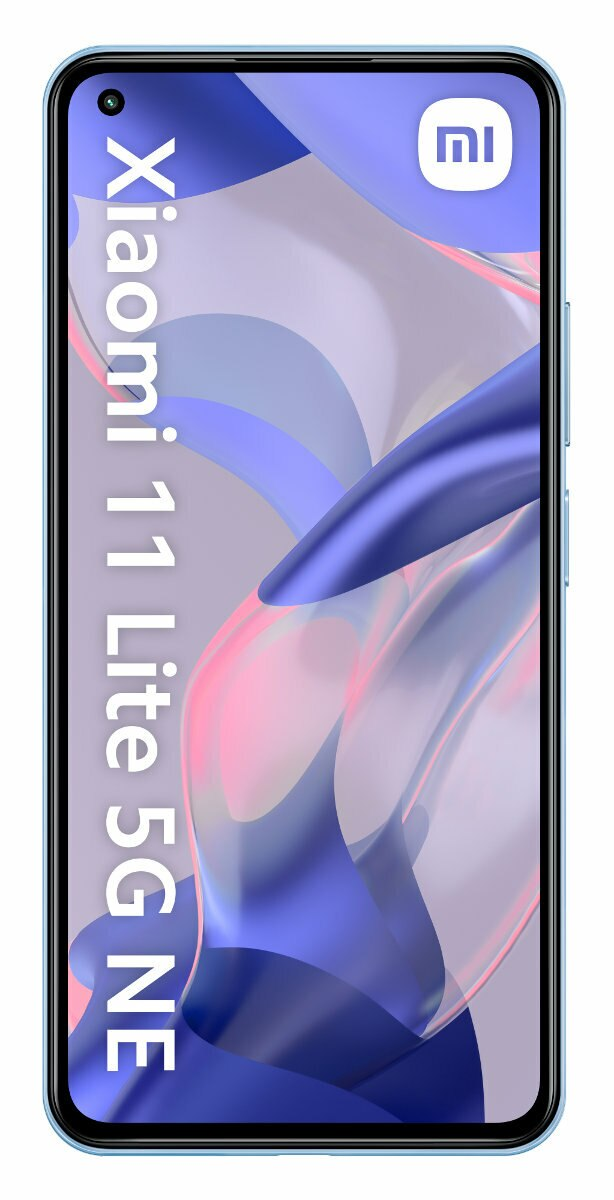 Jasnoniebieski telefon Xiaomi z napisem 'Xiaomi 11 Lite 5G NE' na białym tle.