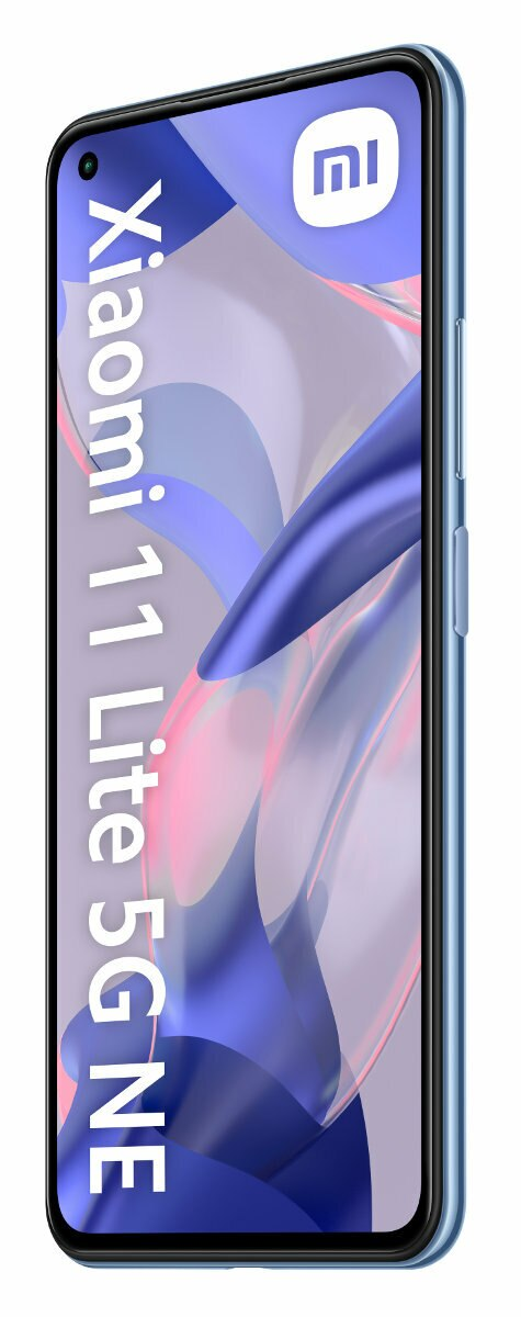 Niebieski telefon Xiaomi 11 Lite 5G NE na białym tle z tekstem telefonu na ekranie.