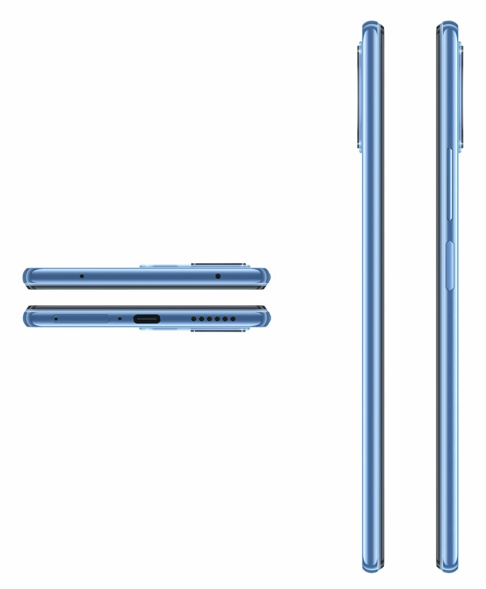 Niebieski smartfon z wielu perspektyw, pokazujący g órny, dolny i boczny profil.