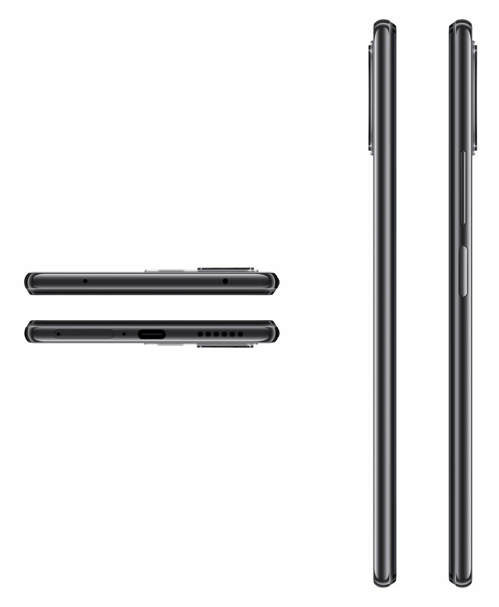 Trzy widoki czarnego smartfona: górny, boczny i kolejny widok z boku, wszystko na białym tle.