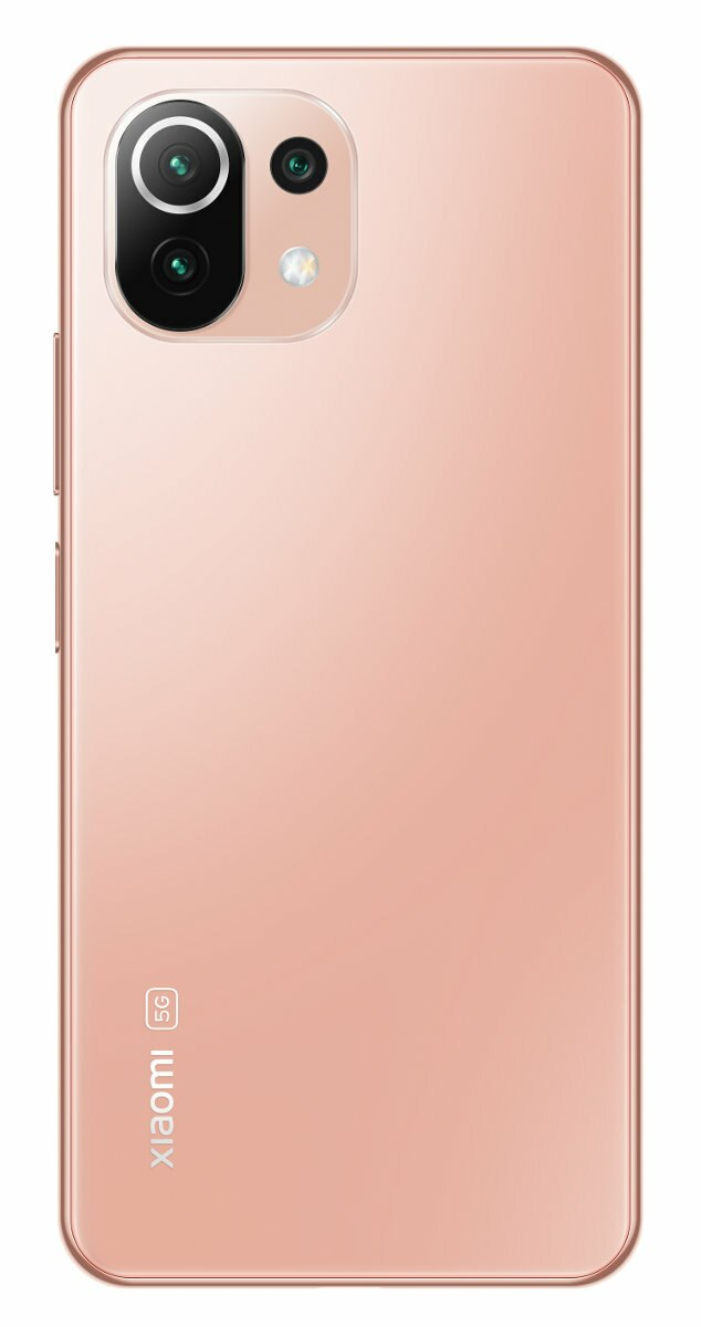 Tył różowego smartfona z aparatami i logo.