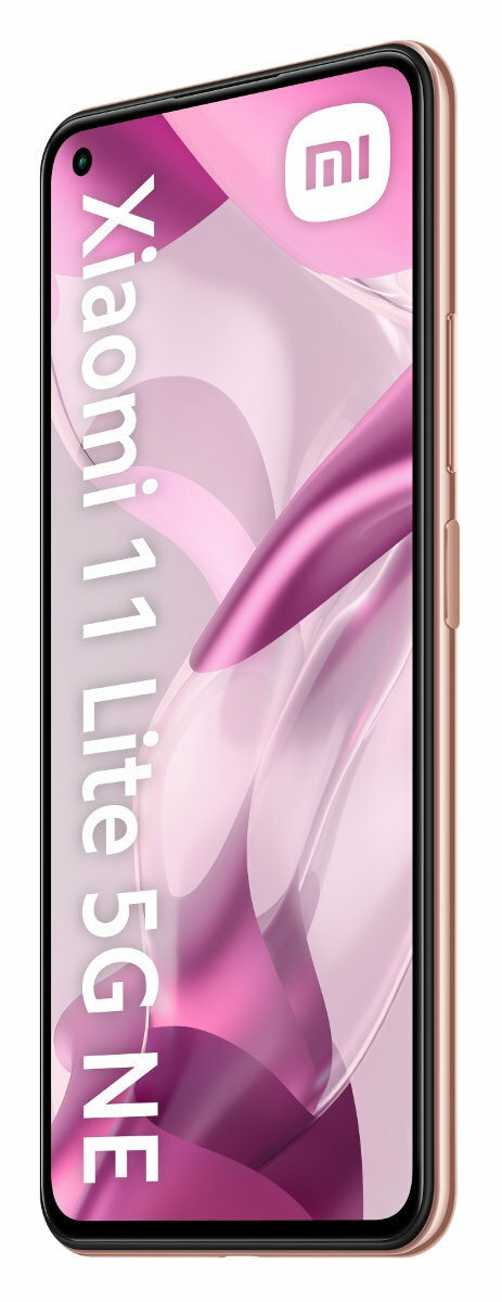 Różowo-złoty telefon Xiaomi z różowym gradientem z tyłu, wyświetlający ekran.