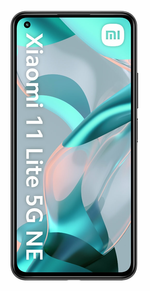 Smartfon Xiaomi 11 Lite 5G NE, widok z przodu, z turkusowo-białym wzorem.