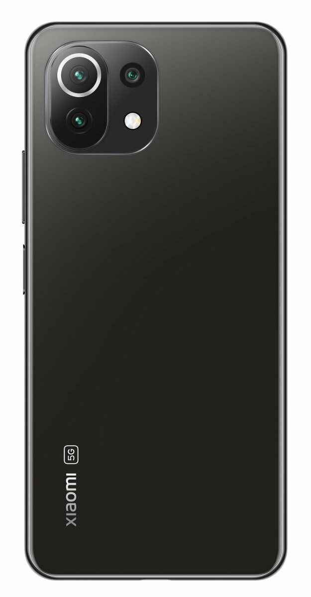 Czarny telefon Xiaomi na białym tle. Potrójny aparat i logo 5G z tyłu.