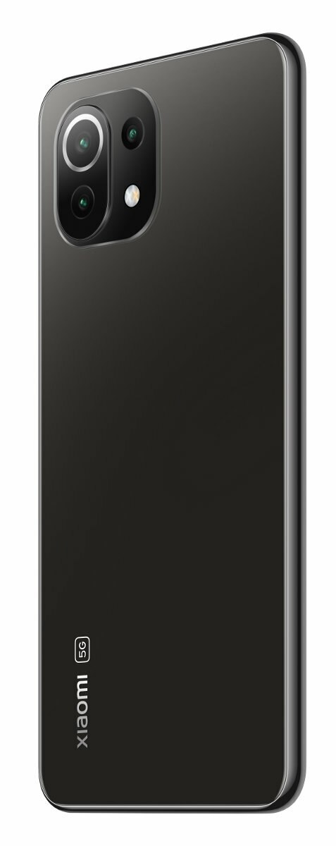 Czarny smartfon z błyszczącym tyłem. Ma potrójny aparat i logo Xiaomi 5G.