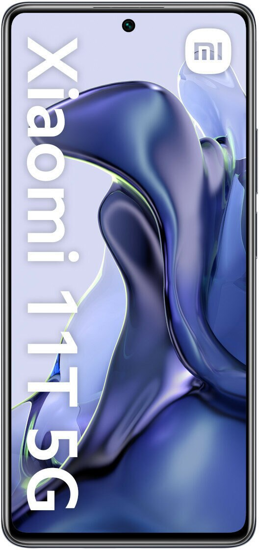 Smartfon, widok z przodu. Czarna ramka, ekran wyświetla niebieski i fioletowy abstrakcyjny wzór.