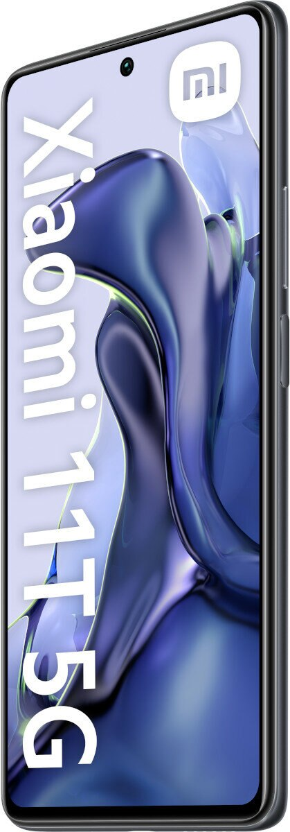 Smartfon Xiaomi 11T 5G w kolorze czarnym, widok z boku, z logo Xiaomi na ekranie.