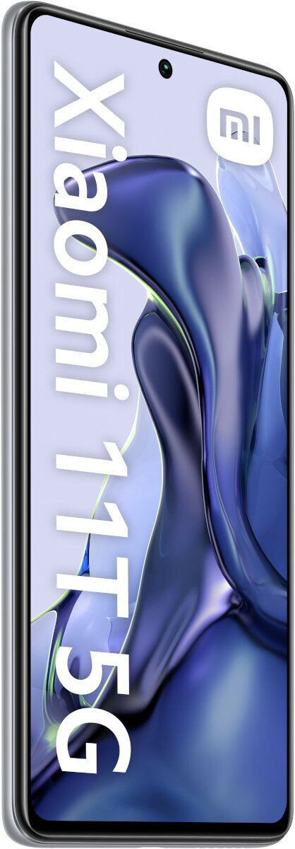 Srebrny telefon z ekranem pokazującym kolorowy, abstrakcyjny wzór i aparatem u góry.