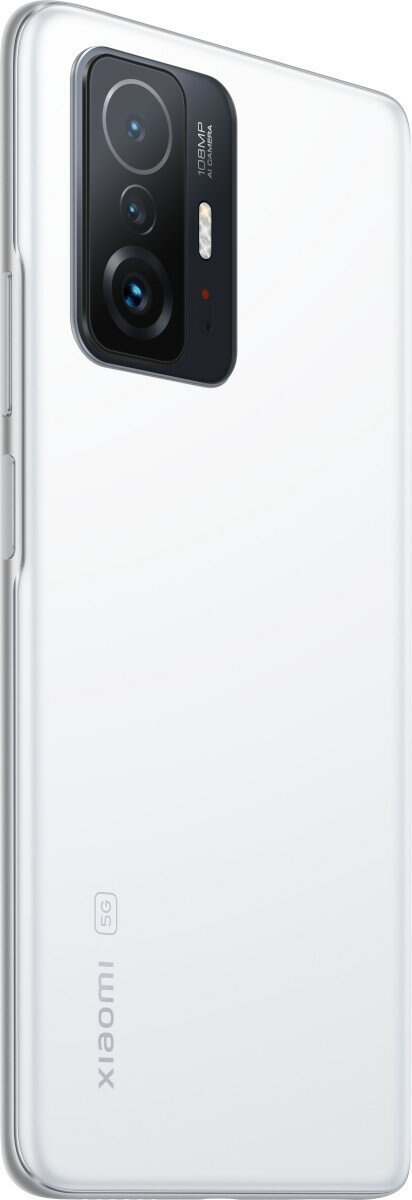 Biały smartfon z potrójnym systemem kamer z tyłu. Tył jest biały.